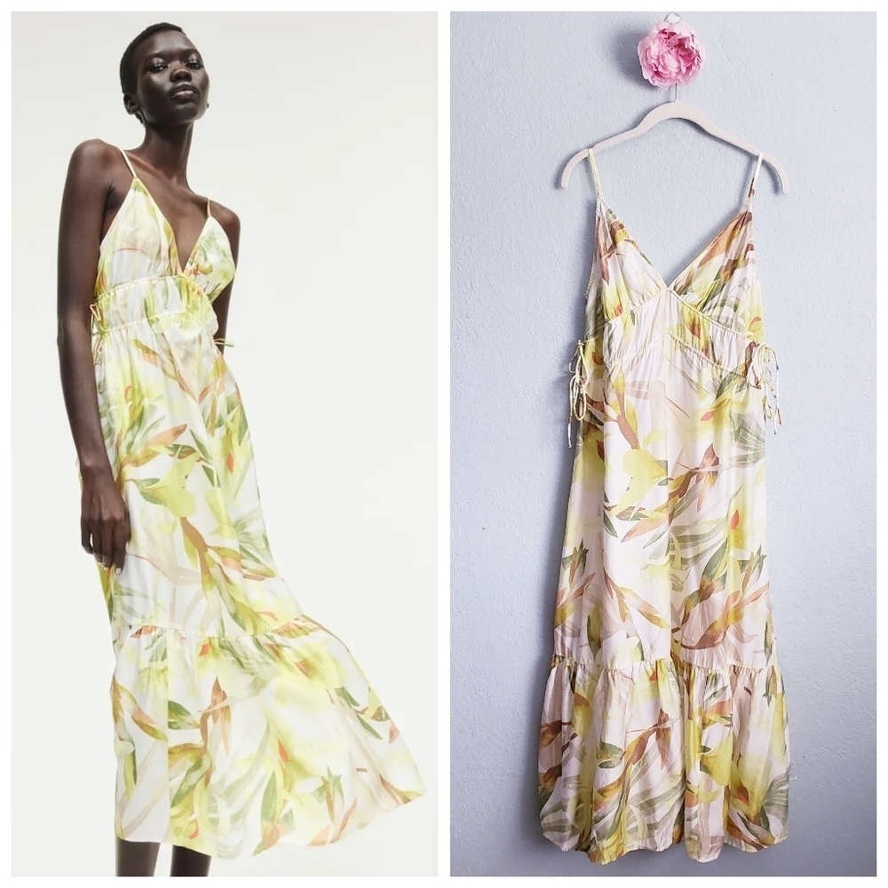 H&M Birds of Paradise Tropical Palm Drawstring Detail Maxi Dress